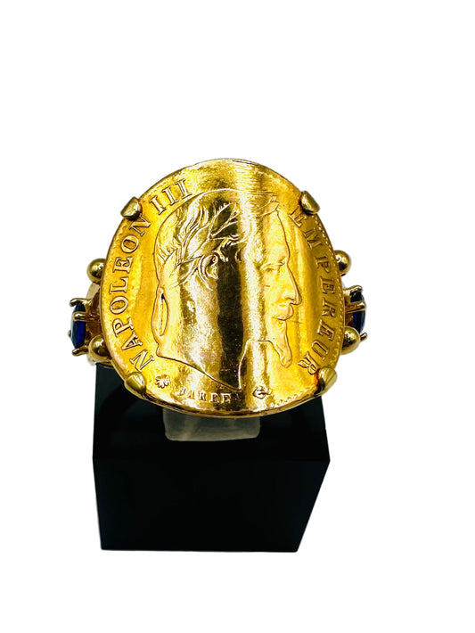 Bague Porte-Pièce “Napoléon Courbée” – Or 18 et 21 carats – Perles bleues ~ 4 griffes