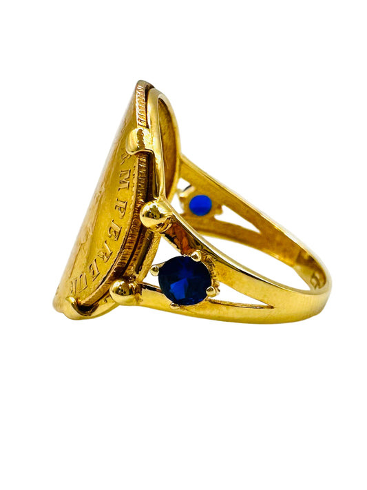 Bague Porte-Pièce “Napoléon Courbée” – Or 18 et 21 carats – Perles bleues ~ 4 griffes