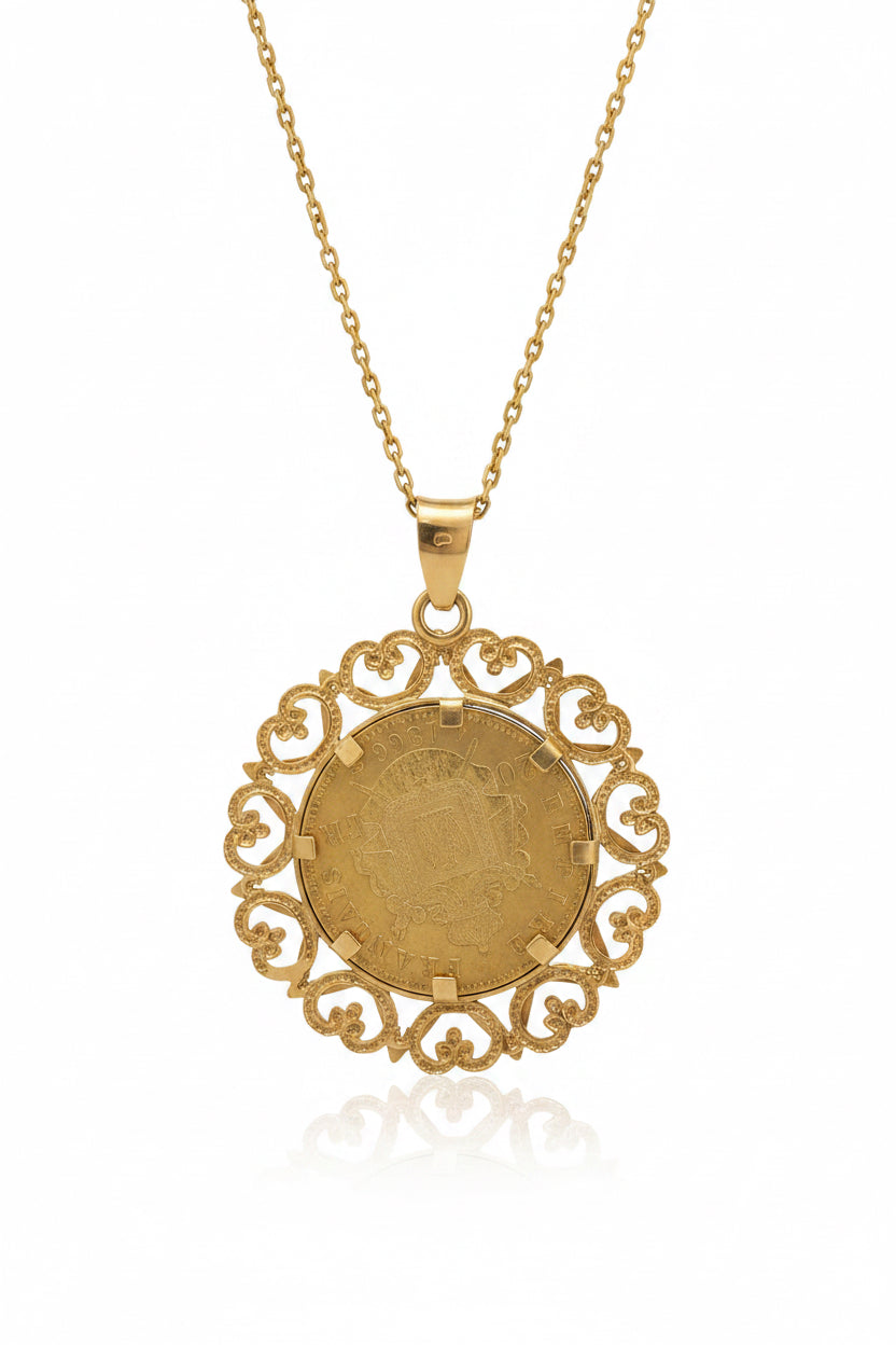 Pendentif porte pièce Napoléon 20 francs forme fleur or 18 & 21,6 carats