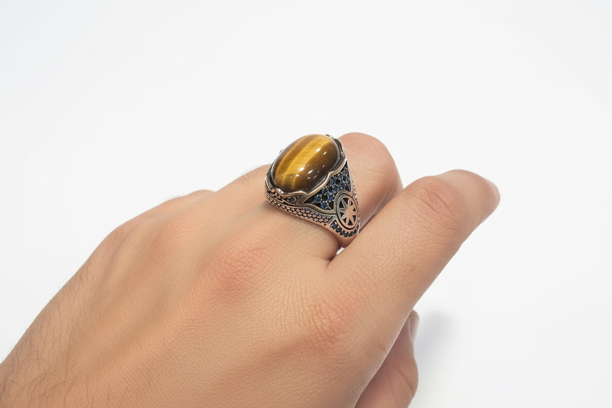 Chevalière œil de tigre / noir ou verte 925/1000
