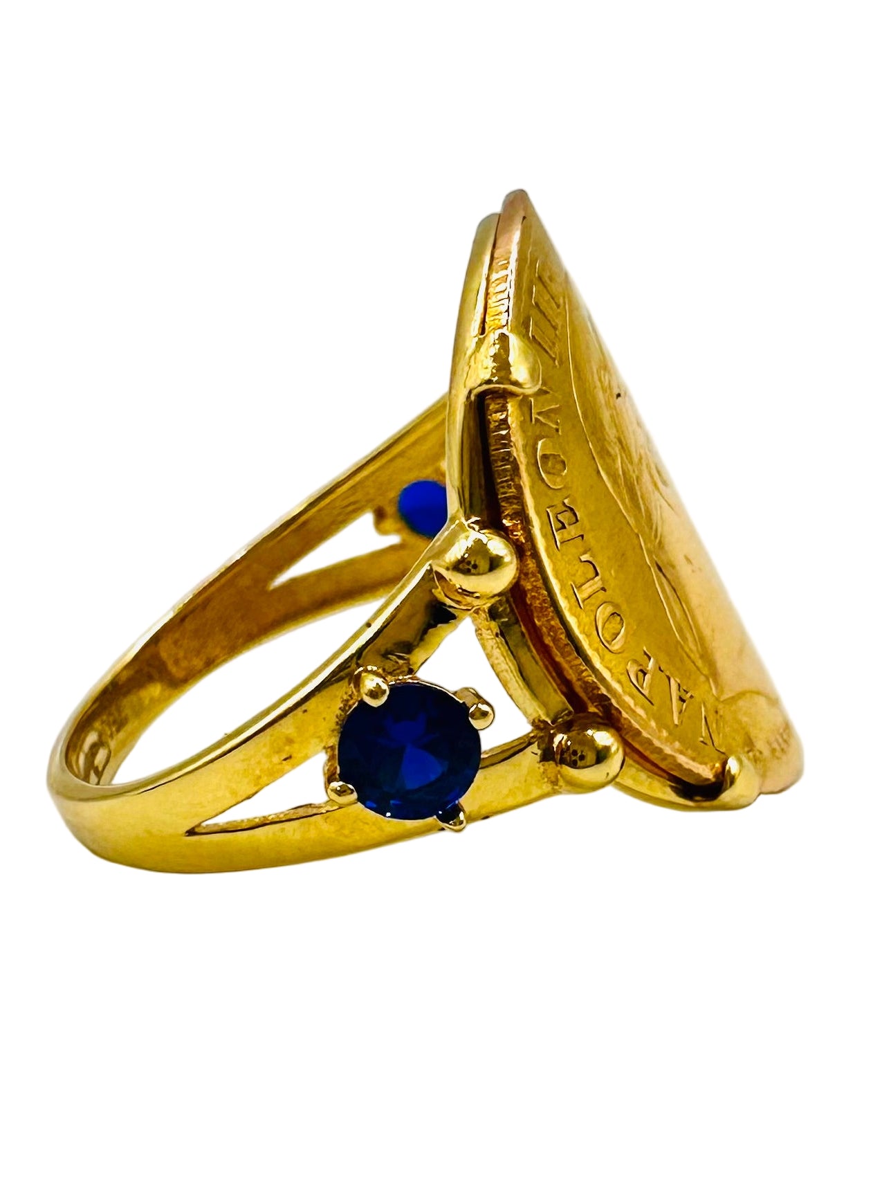 Bague Porte-Pièce “Napoléon Courbée” – Or 18 et 21 carats – Perles bleues ~ 4 griffes