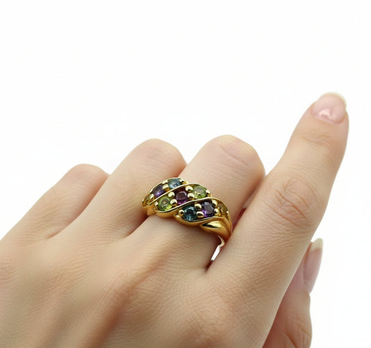 Bague avec 9 pierres précieuses colorées Or 18K