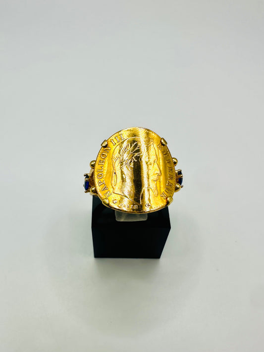 Bague Porte-Pièce “Napoléon Courbée” – Or 18 et 21 carats – Perles bleues ~ 4 griffes
