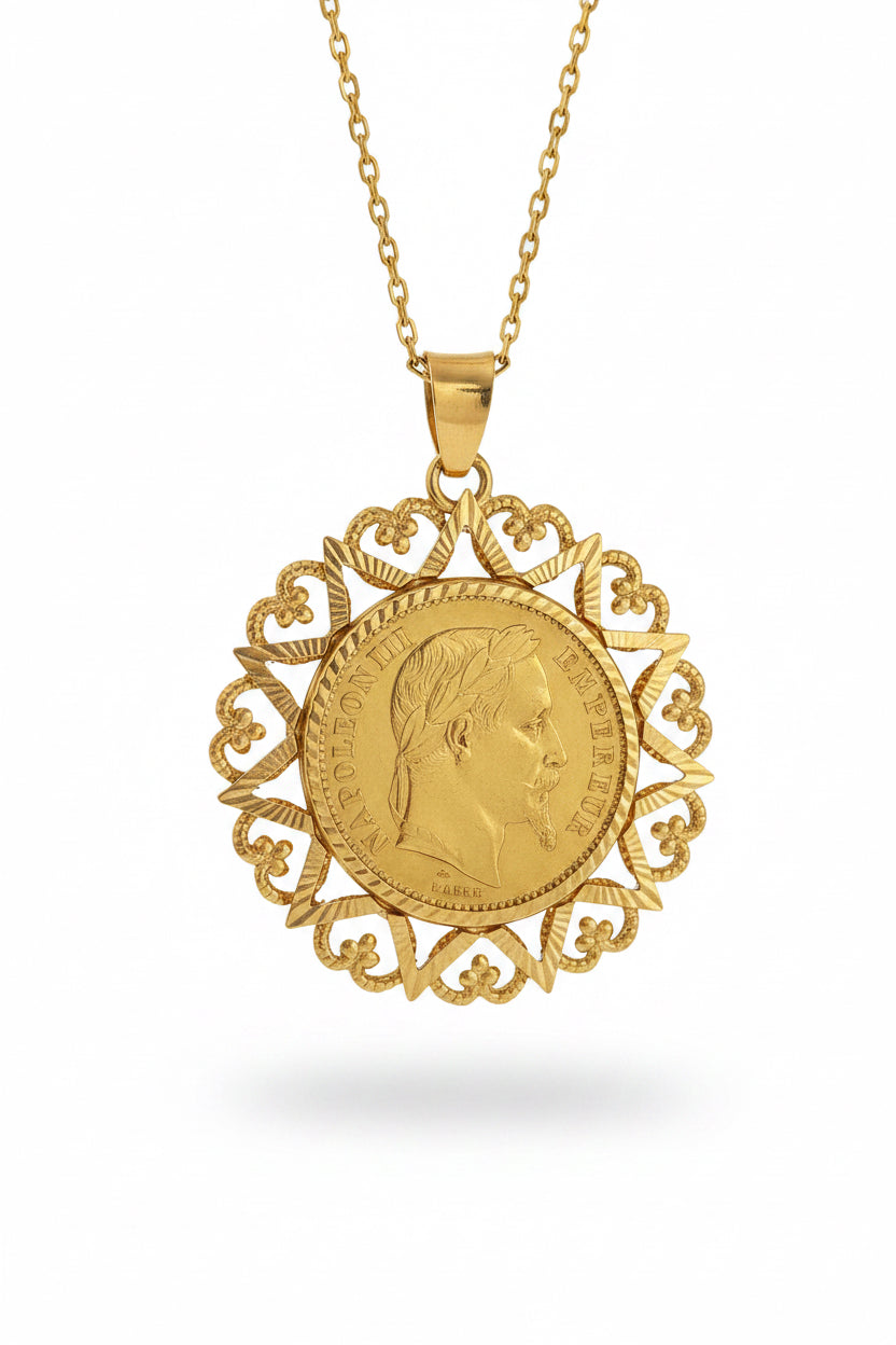 Pendentif porte pièce Napoléon 20 francs forme fleur or 18 & 21,6 carats