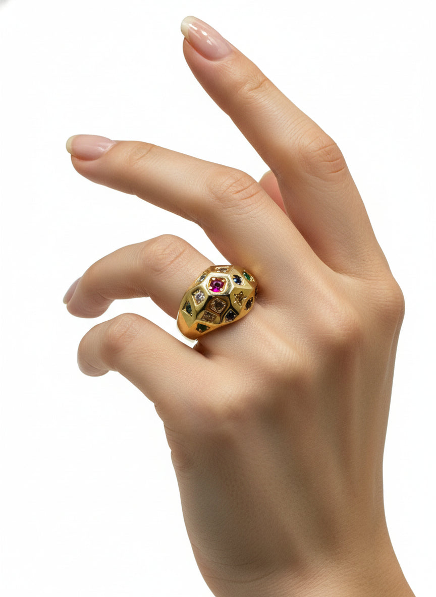 Bague Bombée serti de Perles Colorées en Or Jaune 18 Carats