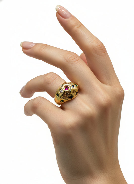 Bague Bombée serti de Perles Colorées en Or Jaune 18 Carats