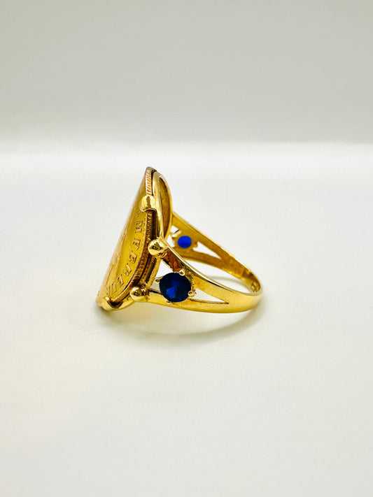 Bague Porte-Pièce “Napoléon Courbée” – Or 18 et 21 carats – Perles bleues ~ 4 griffes