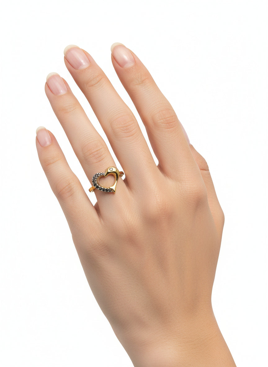 Bague Dauphin en Cœur Strassé en Or Jaune 18 Carats