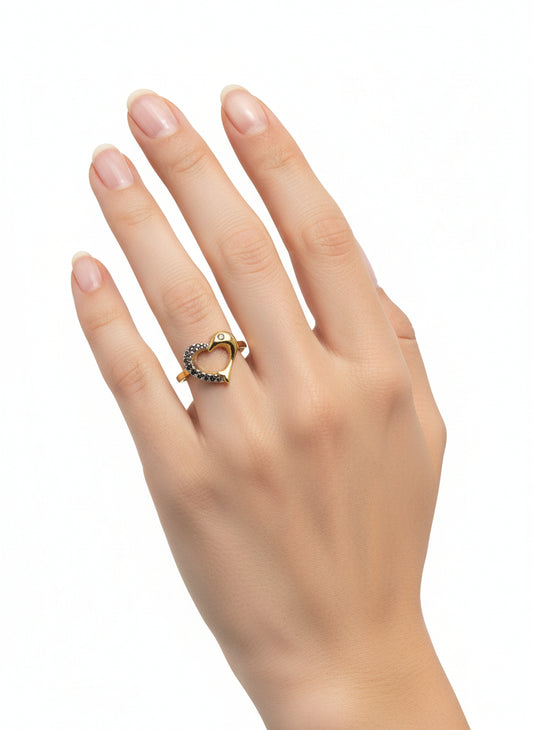 Bague Dauphin en Cœur Strassé en Or Jaune 18 Carats