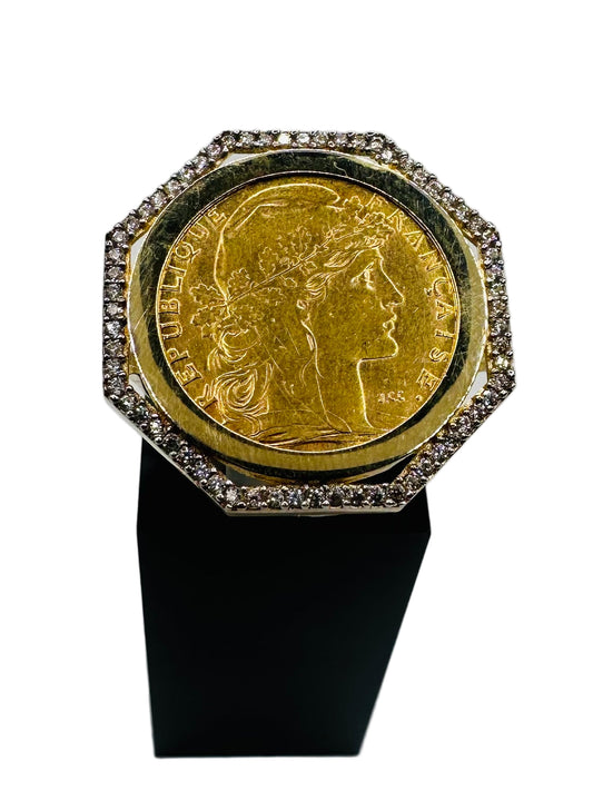 Bague Porte-Pièce Hexagonale Marianne – 10 Francs Or 21,6Ct & 18Ct