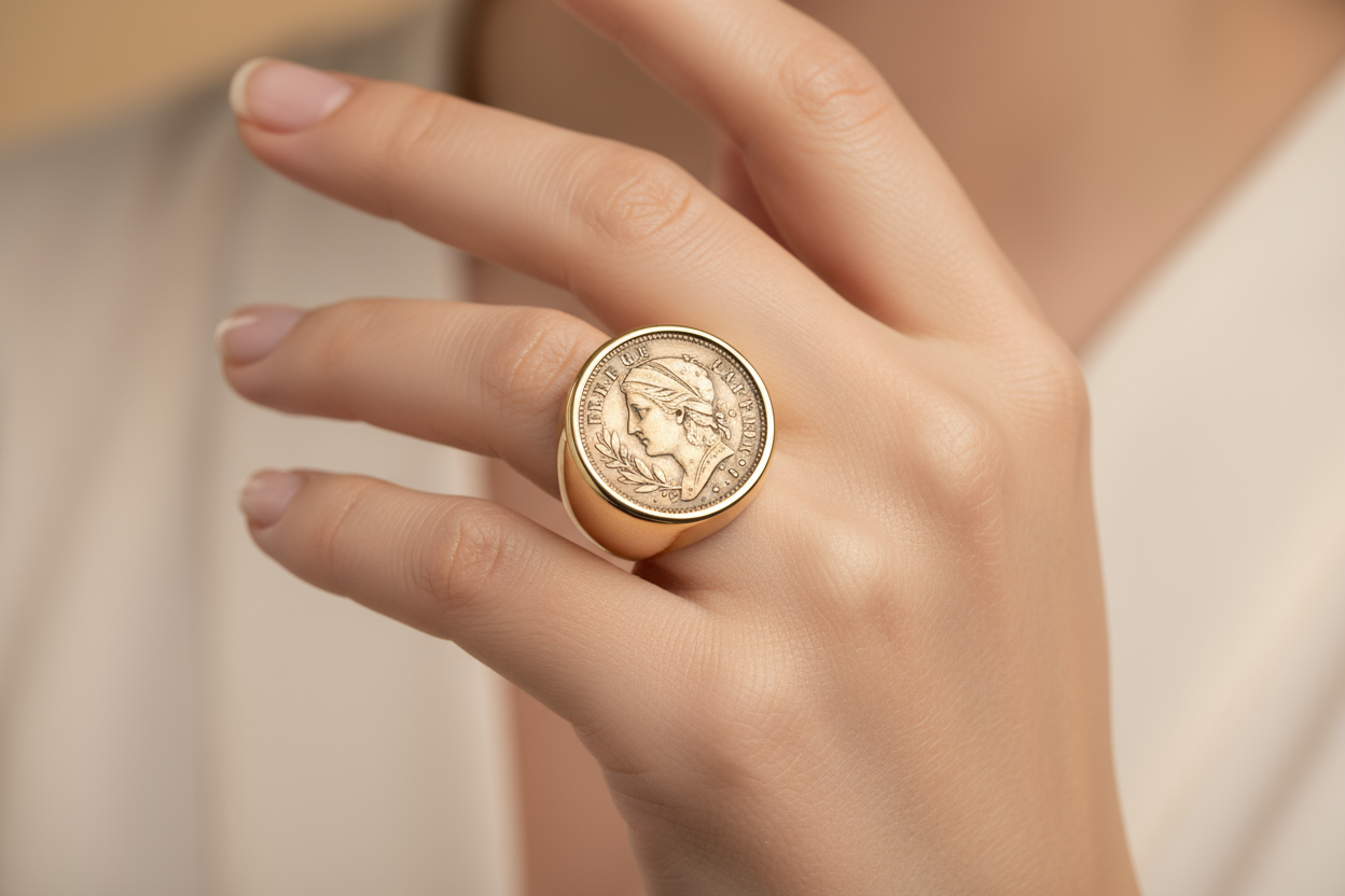 BAGUE PORTE PIECE NAPOLEAN OU MARIANNE DANS UNE MAIN DUNE FEMME