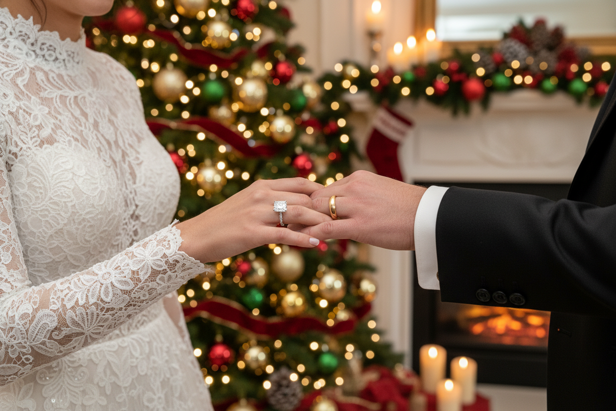 DEUX MARIER ELLE EN ROBE ET LE MONSIEUR EN COSTARD MONTRE LEUR BAGUES DE MARIAGES AVEC PLEINS DE DECO DE NOEL