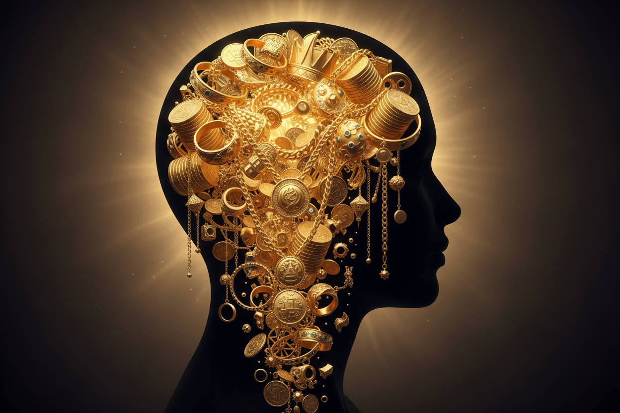 TETE AVEC UN CERVEAU PLEINS DE BIJOUX EN OR