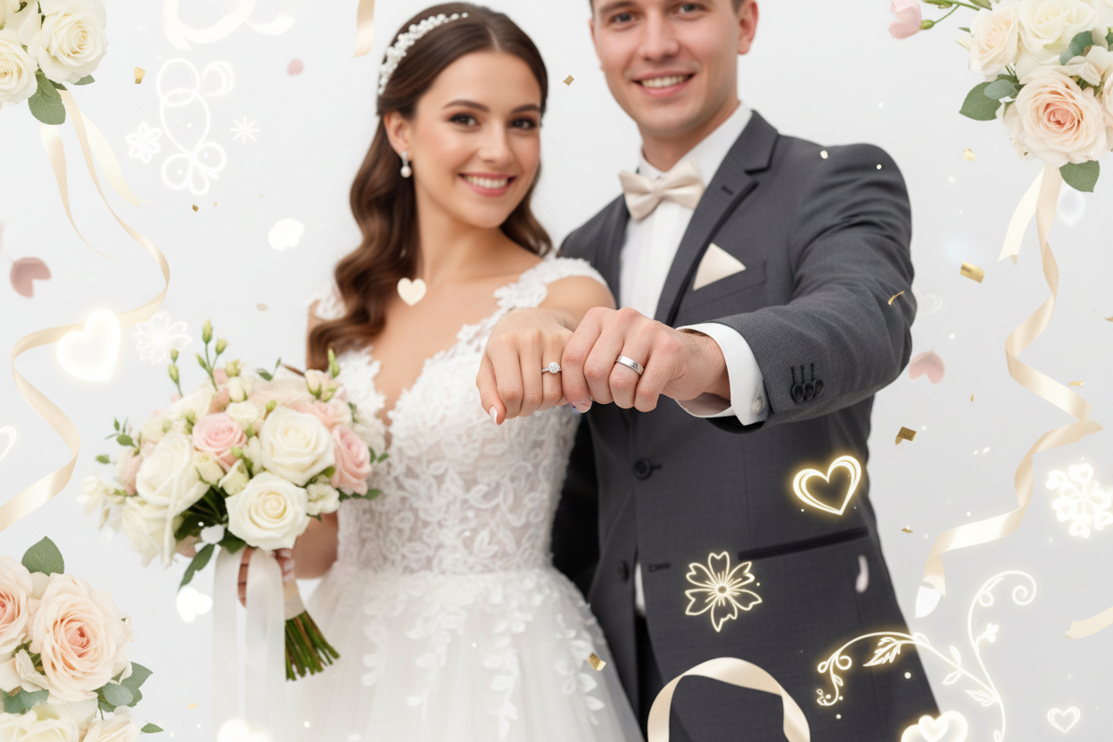 UN COUPLE QUI PRESENTE LEURS BAGUES ET ALLIANCE DE PRES ELLE EN ROBE ET LUI EN COSTARD FOND BLANC AVEC UNE DECORATION DE MARIAGE BIEN ANIMEE LA PHOTO 