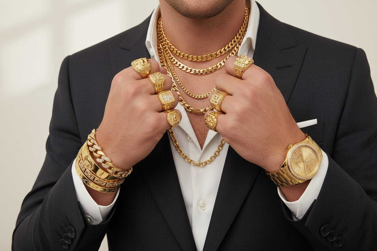 UN HOMME QI PORTE PLEINS DE BIJOUX EN OR JAUNE 