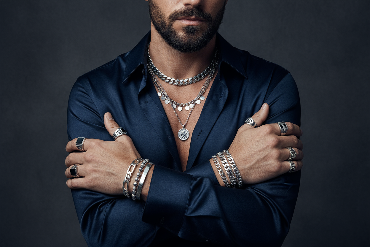 UN HOMME QUI PORTE PLEINS DE BIJOUX EN ARGENT BAGUE BRACELET CHAINES 