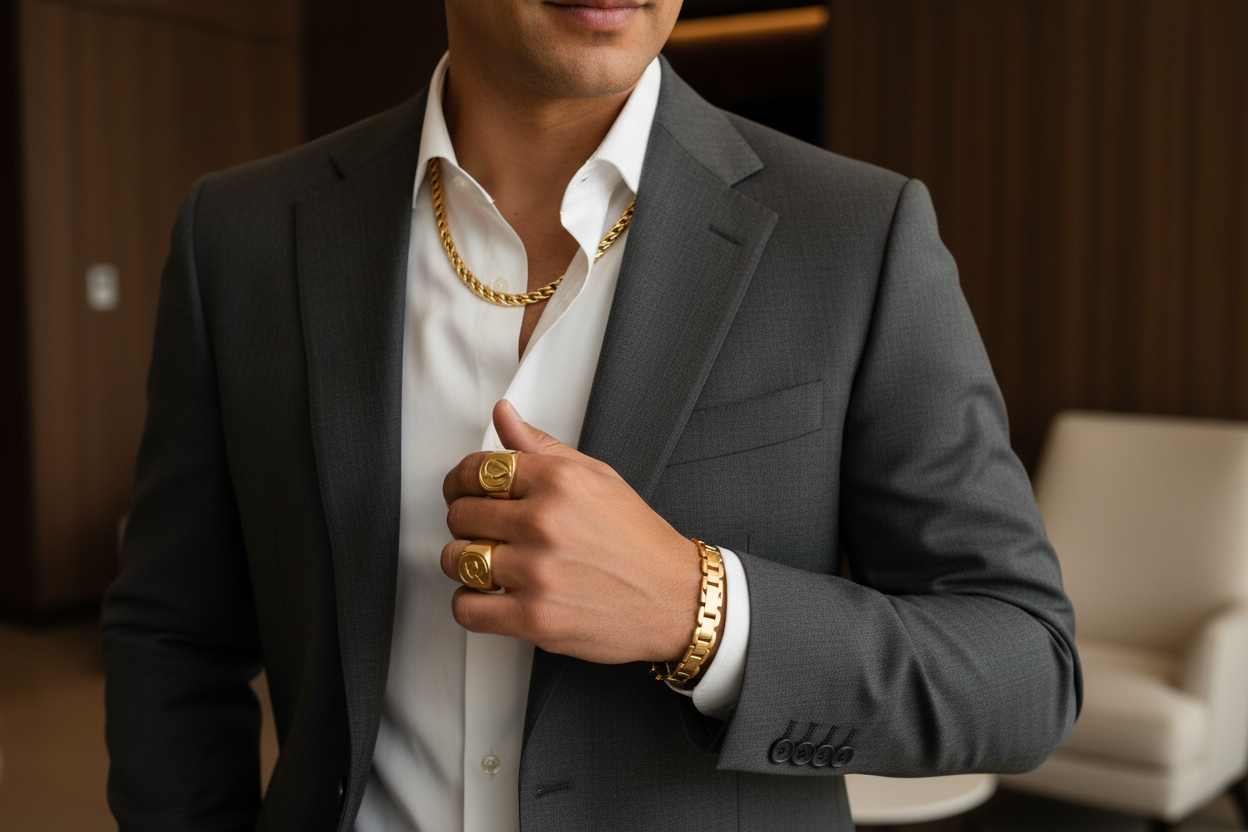 UN HOMME QUI PORTE UNE BAGUE UNE CHAINE ET UN BRACELET EN OR ELEGANT 