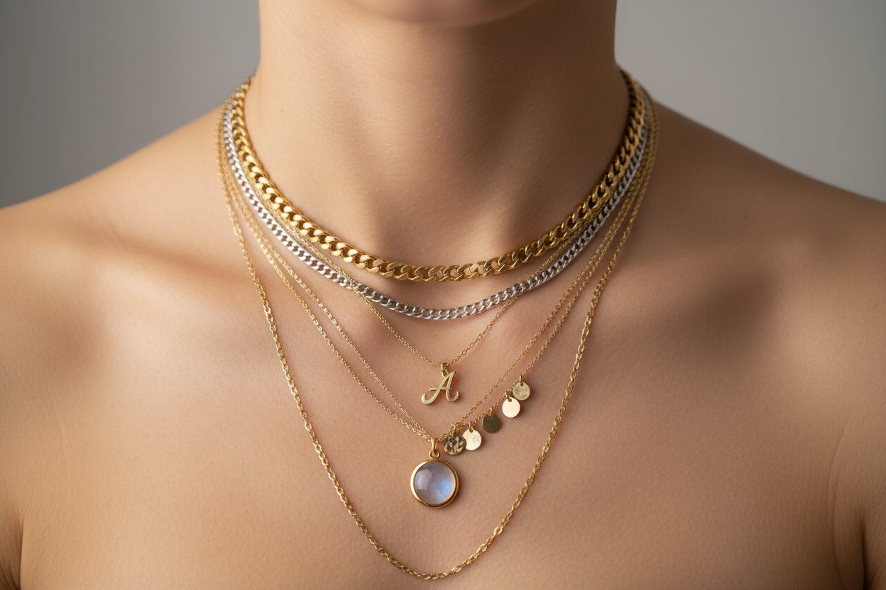 UNE FEMME QUI PORTE PLEINES DE CHAINES DANS LE COU