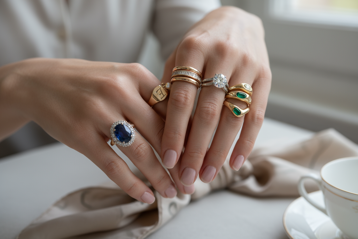 UNE FEMME QUI PORTE PLEINS DE BAGUES FRANCAISE