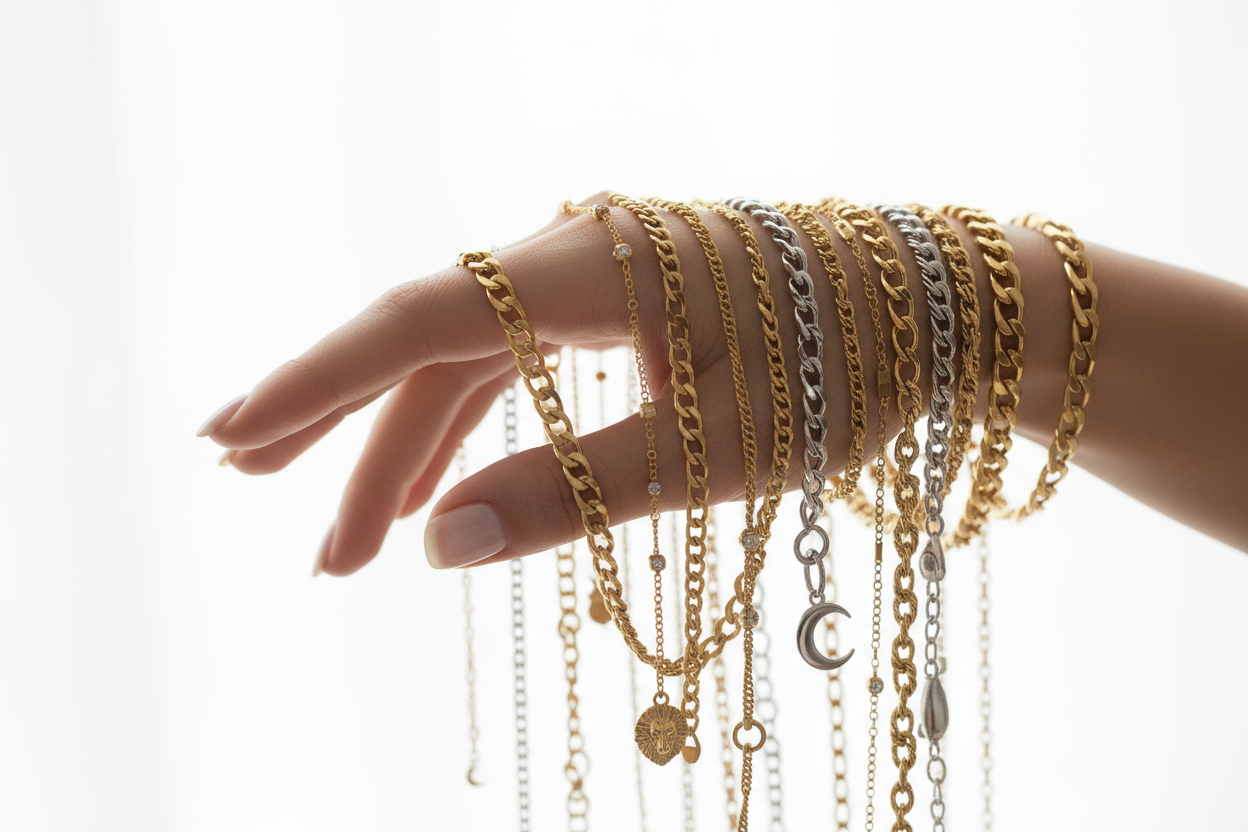 UNE FEMME QUI PORTE PLUSIEURS TYPES DE CHAINES DANS SA MAIN