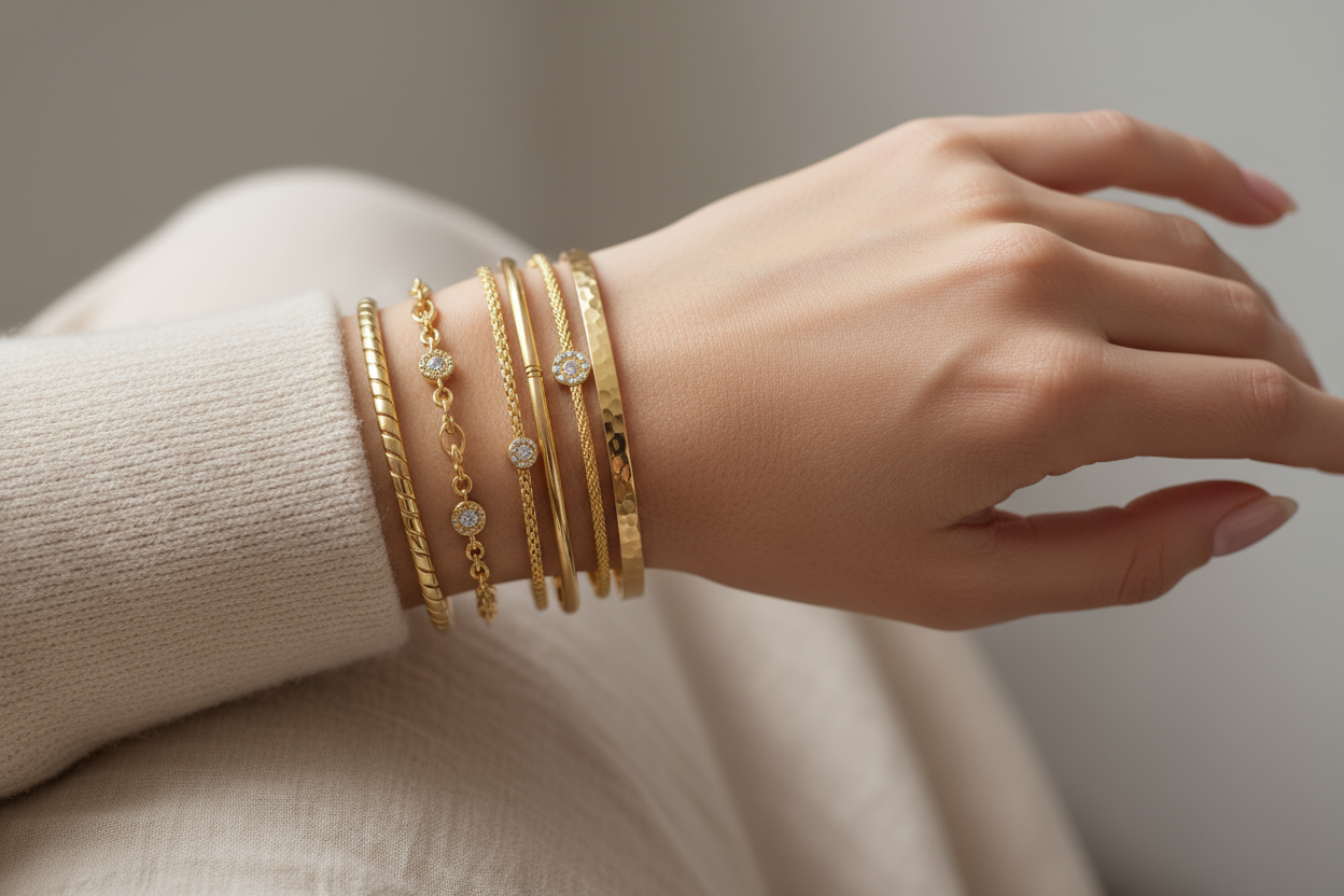 UNE FEMMES QUI PORTE PLEINS DE BRACELETS FRANCAIS  DANS SON POIGNET EN OR 