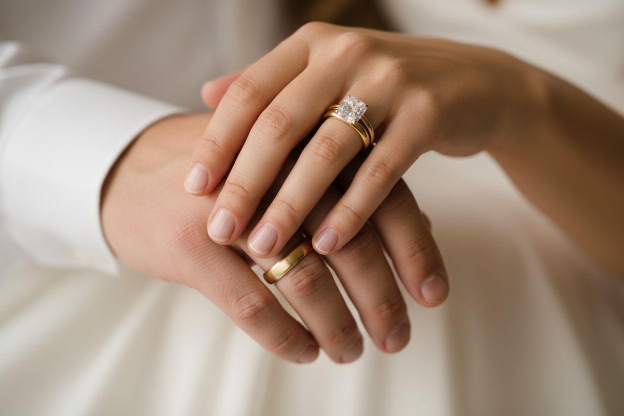 UNE MAIN DUN HOMME AVEC UN E ALLIANCE EN OR  ET UNE MAIN DUNE FEMME QUI PORTE UNE BAGUE ET UNE ALLIANCE DE MARIAGE EN OR